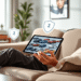 Person on couch holding tablet showing car models, with shield and magnifying glass icons nearby, in a cozy, softly lit living room.