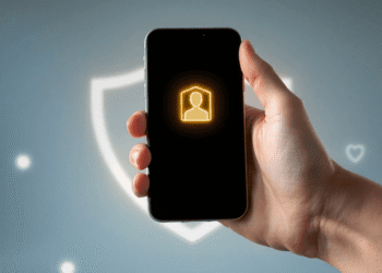 Smartphone showing glowing digital driver’s license icon, held in hand, with abstract glowing lines and shield shapes representing digital security.