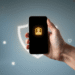 Smartphone showing glowing digital driver’s license icon, held in hand, with abstract glowing lines and shield shapes representing digital security.